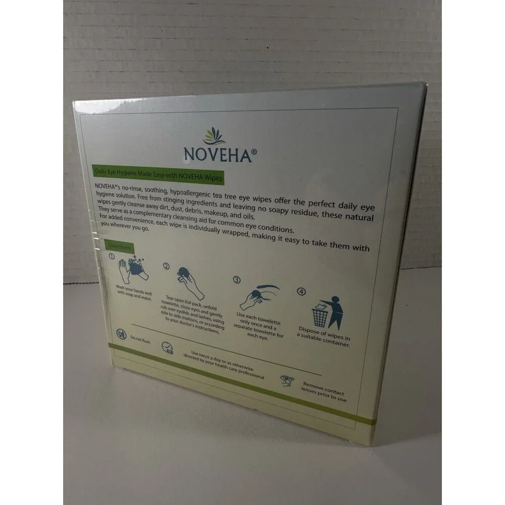 Noveha Tea Tree Eyelid & Lash Cleansing Wipes Green Tea 60 Packs Exp 01/2028